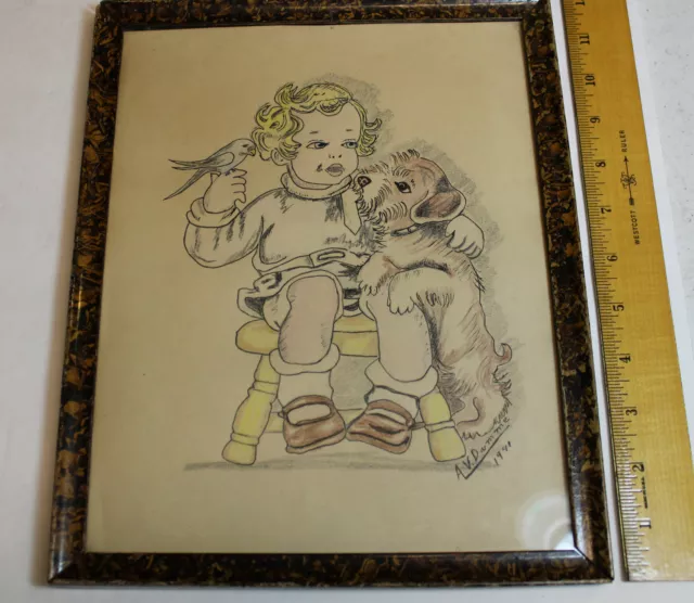 ORIGINAL ART DRAWING SKETCH LITTLE GIRL WITH BIRD & DOG BY A.V. Damme 1941