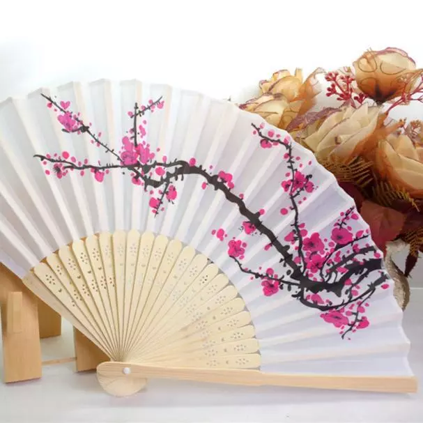 1PC Folding Fan Delicate Japanese Plum Blossom Design Silk Costume Party