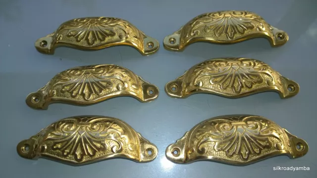 6 cast engraved solid brass heavy shell shape pulls handle kitchen POLISH 4" B