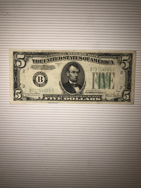 1934 D $5 Five Dollar Bill-Federal Reserve Note New York Green Seal B73754085C