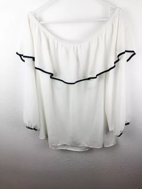 Vince Camuto Off Shoulder Top SZXL White Ruffle 3/4 Sleeves Black Trim Loose A15