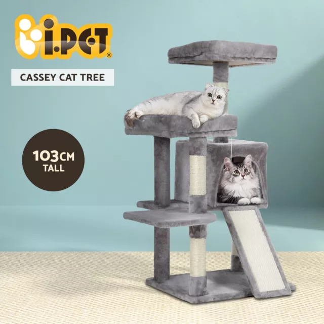 i.Pet Cat Tree Tower Scratching Post Scratcher 103cm Wood Condo House Bed Grey