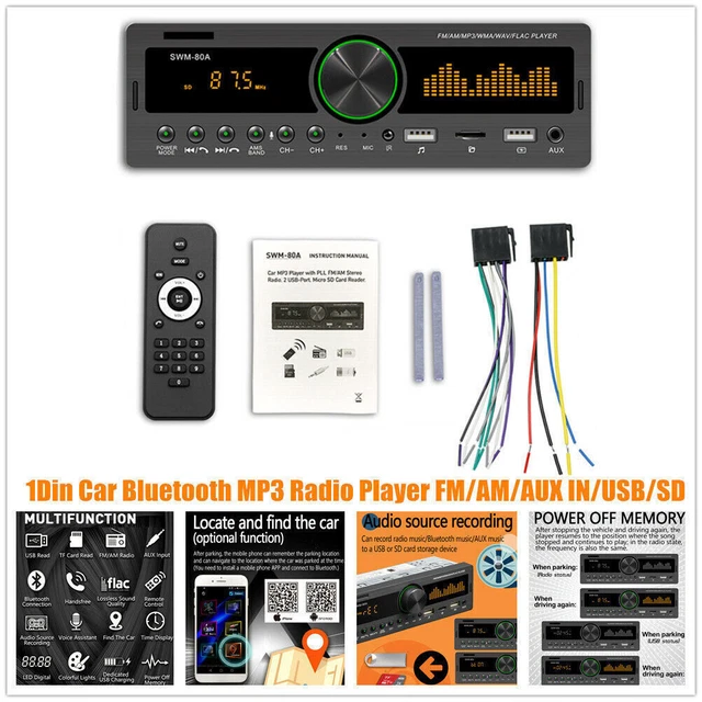12V 1Din Car Bluetooth MP3 Radio Player Stereo Audio In-Dash FM/AM/AUX IN/USB/SD