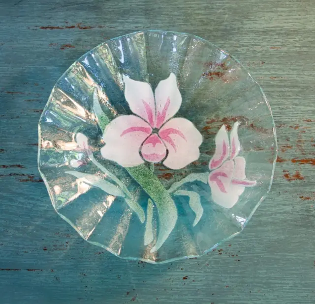 Vintage Sydenstricker Fused Glass Ruffled Edge Salad Bowl 8" Pink Orchid Flower