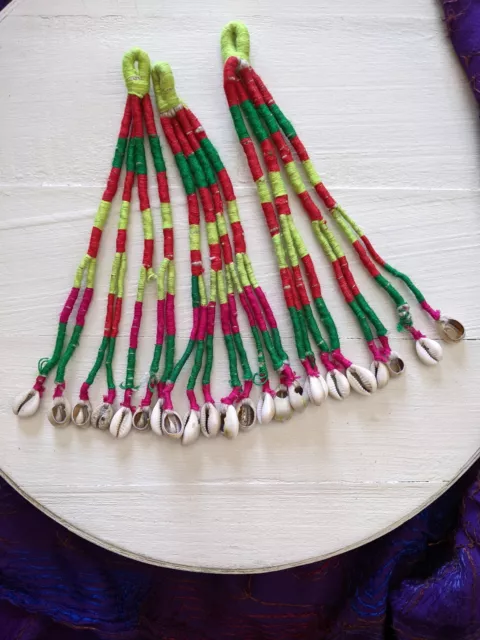 3 Kuchi Cowrie Shells Tribal Tassels 8.5" Red Yellow Hot Pink Green (#12808)