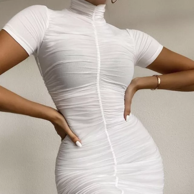 NWT Naked Wardrobe Mesh  Ruched High Neck Bodycon Mini Dress White Size S