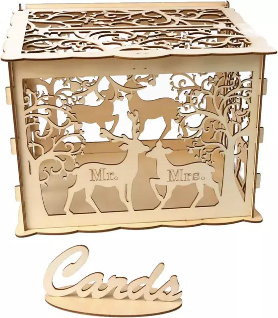 Amosfun Wooden Vinatge Wedding Card Box DIY Rustic Hollow Wedding Box with Lock