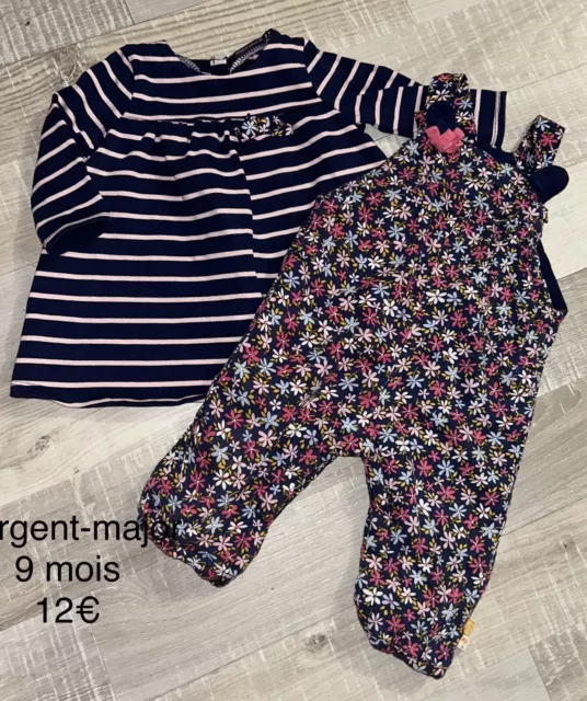 Sergent-major 9 mois  Fille mixte : Robe + Salopette Fleurie TBE