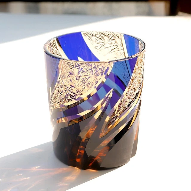 WHISKEY GLASSES TUMBLER Japanese Style Edo Kiriko Glass Hand Cut Clear