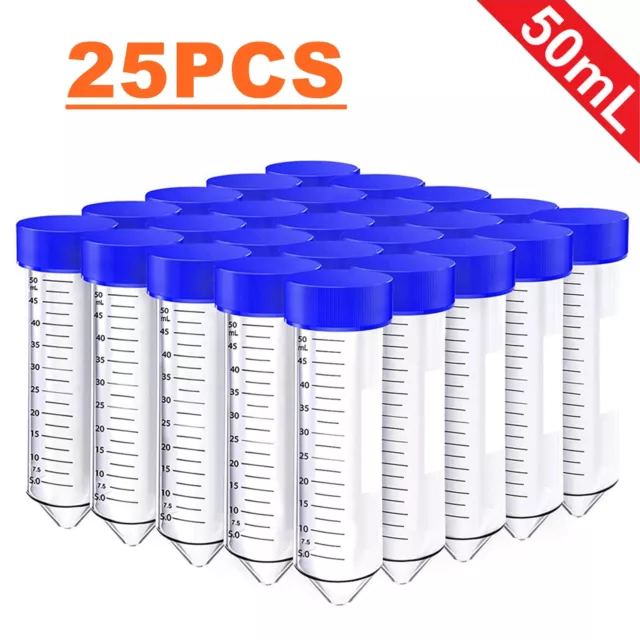 25PCS 50ML PLASTIC Conical CENTRIFUGE TUBES POLYPROPYLENE STERILE BLUE SCREW CAP