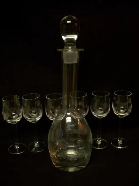 Vintage Cocktail Set Decanter Whisky Wine 8pc Liquor Set Etched Glass Set