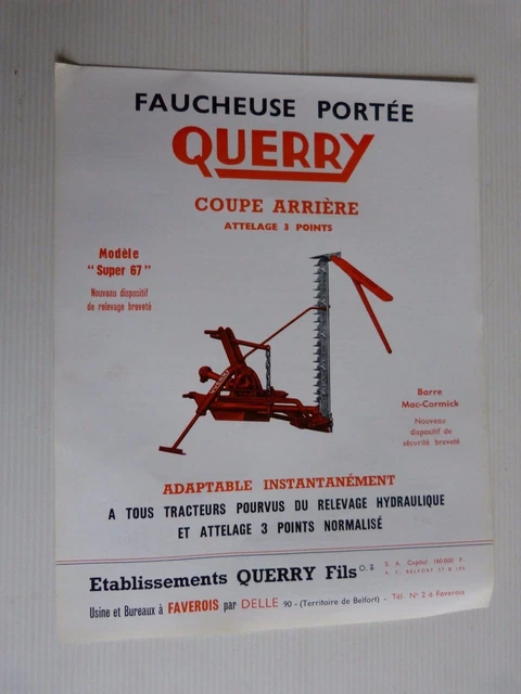 Prospectus Vintage : Faucheuse Portée Querry Et Barre McCormick - Occasion - Document Agricole Ancien