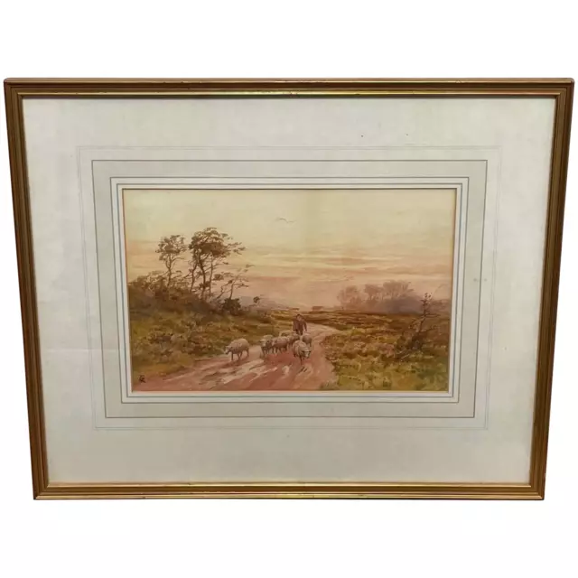 Watercolour "Returning Home" Shepherd Droving Flock Sheep Signed George Barker