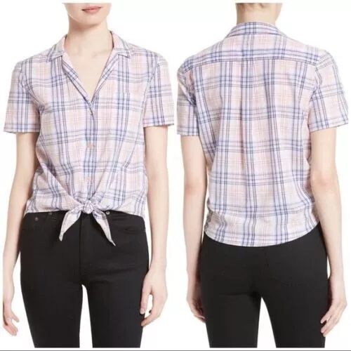 EQUIPMENT Femme $188 Keira Tie Bow Front Plaid Crop Cotton Shirt Top Size Large