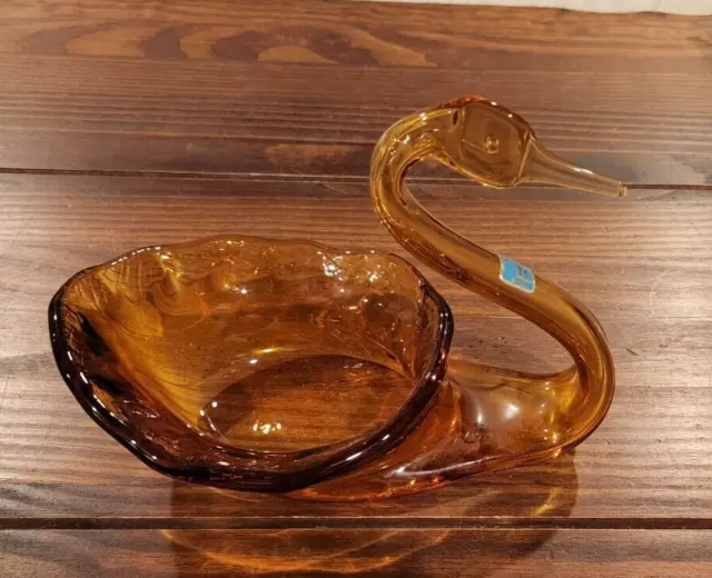 ❤️Vintage Viking Art Glass Swan Trinket/Candy/Nut/Accent Bowl Amber -Handmade