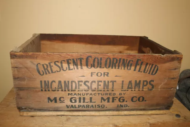 Vintage c1900 Crescent Coloring Fluid Incandescent Lamps 23" Wood Crate Box Sign