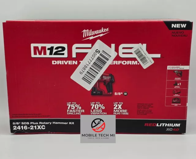 Milwaukee M12 FUEL 5/8" SDS Plus Rotary Hammer Drill Kit + 4.0 Battery 2416-21XC