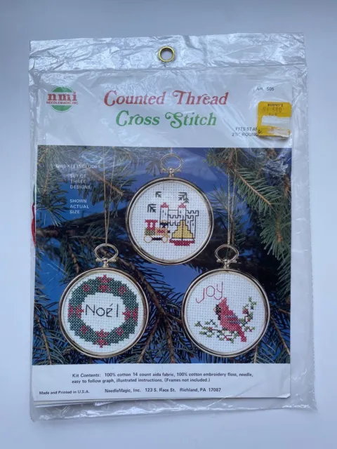 Kit de punto de cruz contado conjunto de 3 adornos navideños aguja mágica NMI NUEVO DE LOTE ANTIGUO # 505