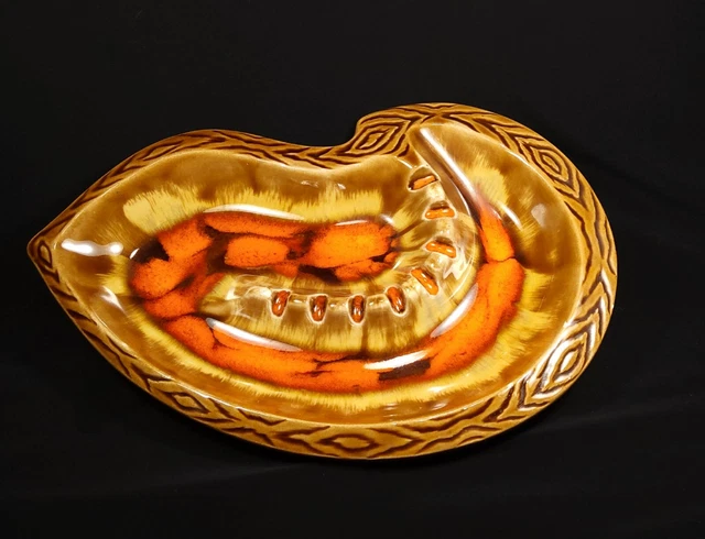 Vintage Mid Century Modern Ceramic Large Ash Tray Orange Brown Drip Glaze 10"