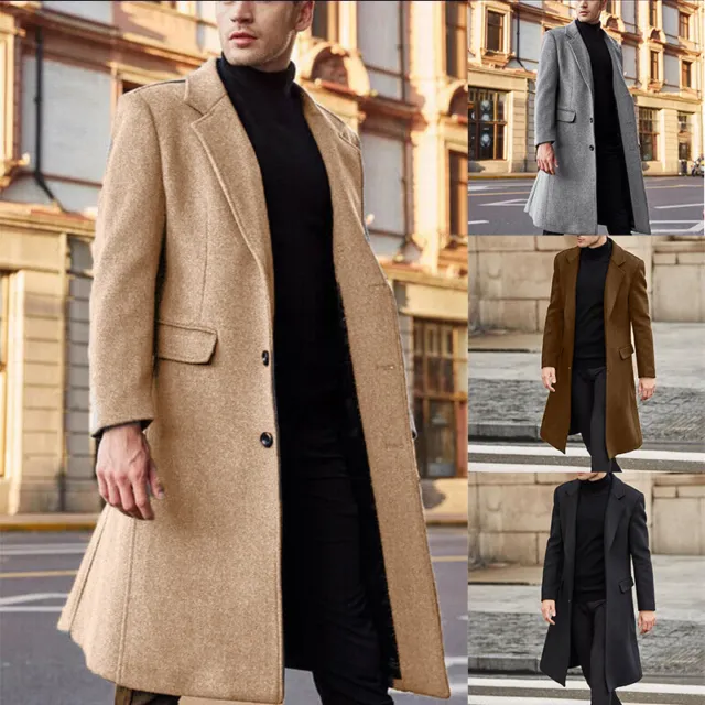 Men Winter Trench Coat Long Jacket Lapel Neck Outwear Single Breasted Overcoat
