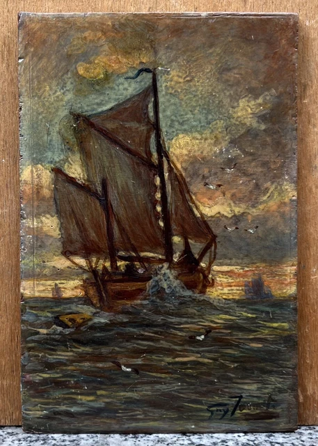 Antique Oil Landscape Sea Marine Boat Sailboat Wave Sky Cloud Signed