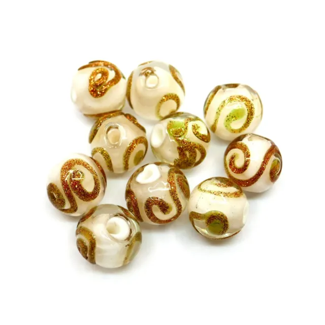 10 Handmade Lampwork Glass Beads - White Gold Swirls - 10mm Dia - P01630