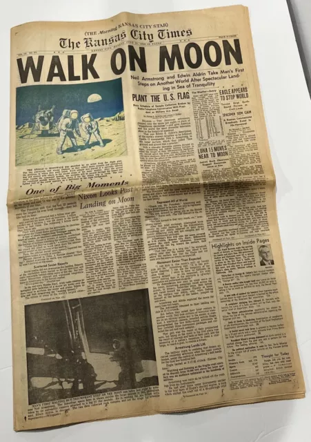 Man WALK ON MOON Newspaper The Kansas City Times July 21, 1969