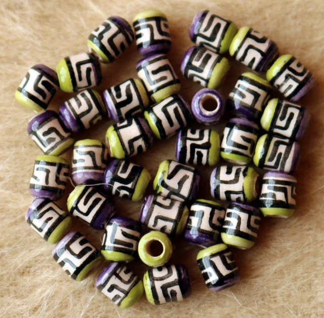 25 handbemalte Peru Keramik Perlen, 6mm Walze Zylinder grün lila Perle Basteln