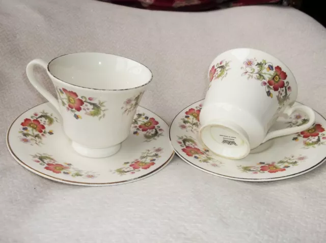 Vintage Pair Gilded Elegant Cups & Saucers Royal Crown China Floral On Cream Ex