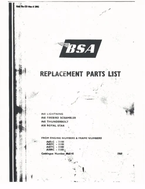 BSA Parts Manual Book 1969 A65 Thunderbolt & 1969 A65 Lightning
