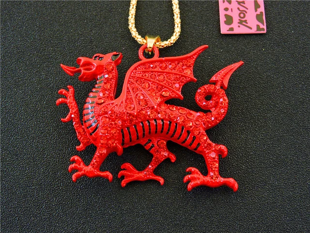 Betsey Johnson Rhinestone Red Enamel Dragon Pendant Chain Sweater Necklace