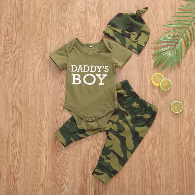 Newborn Infant Baby Boys Girl Clothes Romper Tops Camo Pants Headband Outfit Set 2
