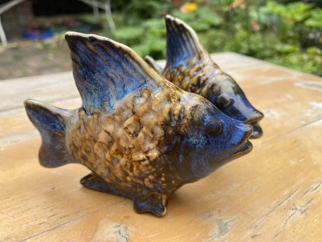 A RARE Pair Mid Century Ceramic Fish Blue & Brown High Lustre Glaze Art Pottery