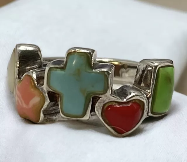 Vtg .925 Silver Inlaid Gems Turquoise Cross, Coral Heart, Moonstone Ring Size 6