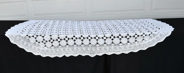 Vintage Hand Crocheted White Scalloped Border Oval Tablecloth 50 x 82