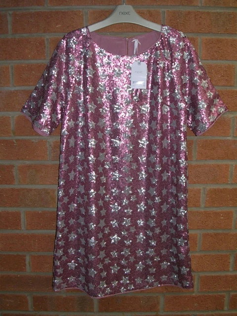 BNWT NEXT Girls Pink Silver Sequin Star Party Dress Age 14 NEW Christmas RRP £46