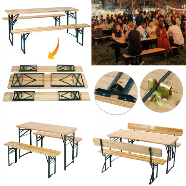 Portable Folding Wooden Beer Table & 2 Benches Set Picnic Party Trestle Chairs 2