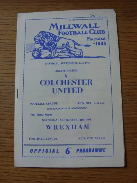 16/09/1963 Millwall v Colchester United  (Small Number Noted On Cover)