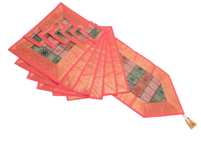 13 PC Indian Banarasi Silk Brocade Paisley Table Runner Dining Decor Cloth