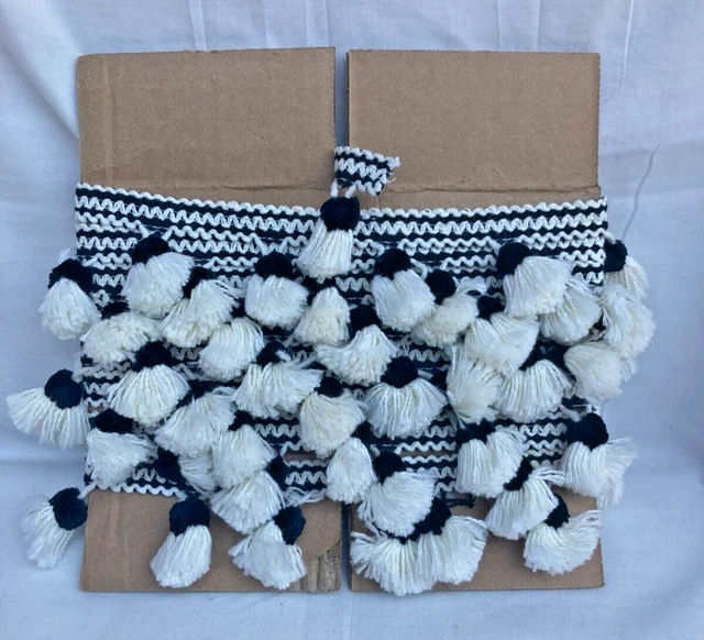 Vintage PomPom Fabric Trim Craft Edging Border Upholstery Black White TASSLES 4y