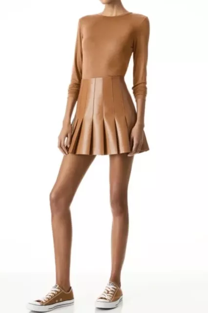 New Alice + Olivia Carter Tan Vegan Caramel Leather Pleated Mini Skirt Size 0