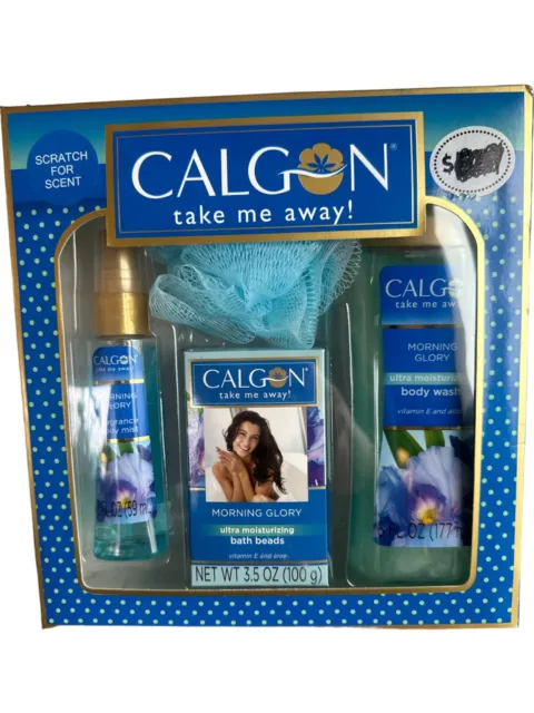 Calgon Take Me Away Morning Glory 4 Piece Gift Set Mist Body Wash Pouf Beads