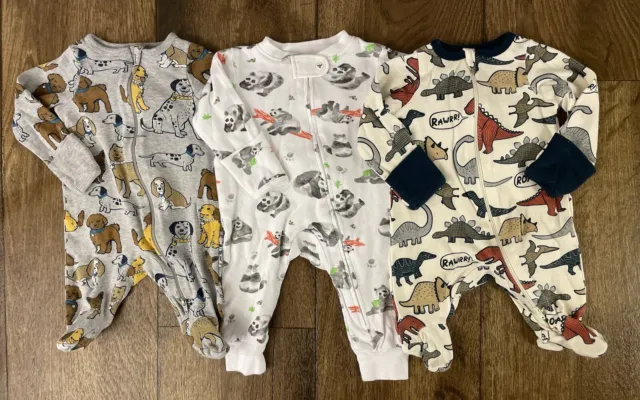 Baby Boy Newborn Zip Up Footed Sleeper Lot Pajama Clothes Dinosaur Dog Panda