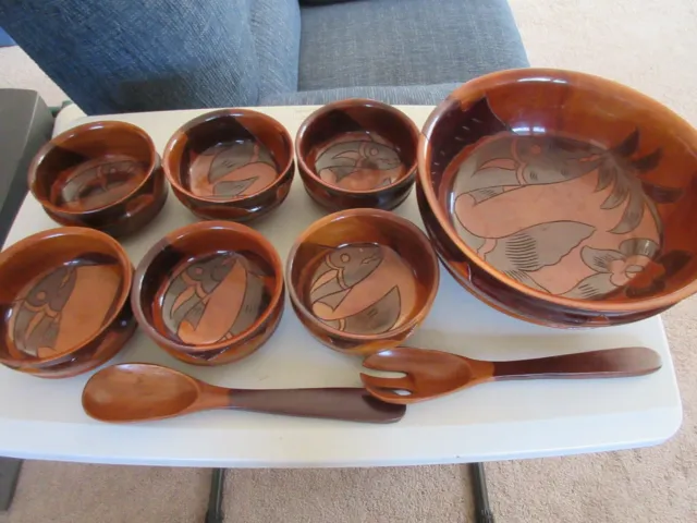 Wood Hand Carved Floral and Fish 9 Piece Salad Bowl Set New