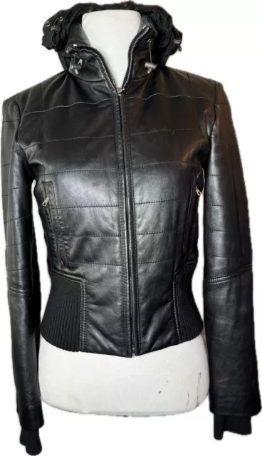 $595 Elie Tahari Black Leather Quilted Bomber Jacket Sz XS Hooded