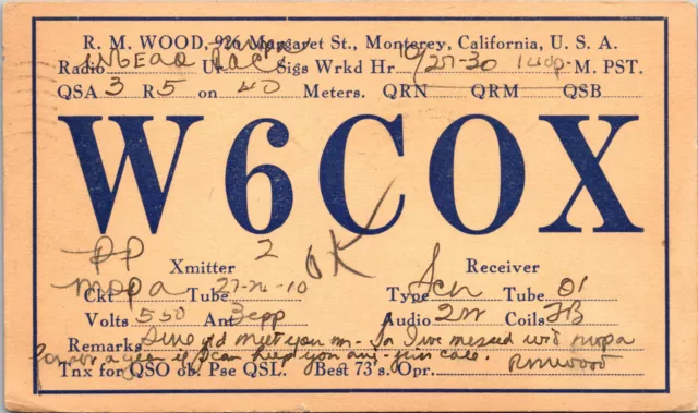 1930 W6COX Monterey California Ham Radio Amateur QSL Card Postcard Vtg