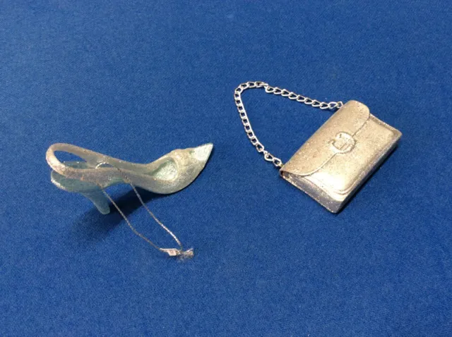 Silver high heel shoe 4.5 inches, w-silver purse - Christmas ornaments, set of 2