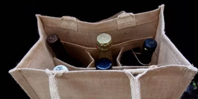 Natural Jute Burlap 6 Bottle Wine Tote Bag Reusable Carrier with Divider