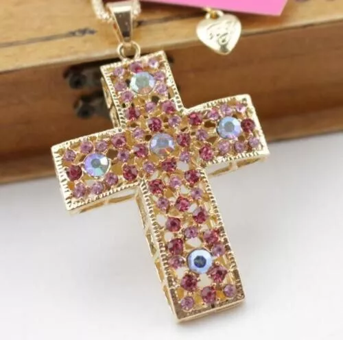 Pretty New Betsey Johnson Large Yellow Gold Pink Crystal Cross Pendant Necklace