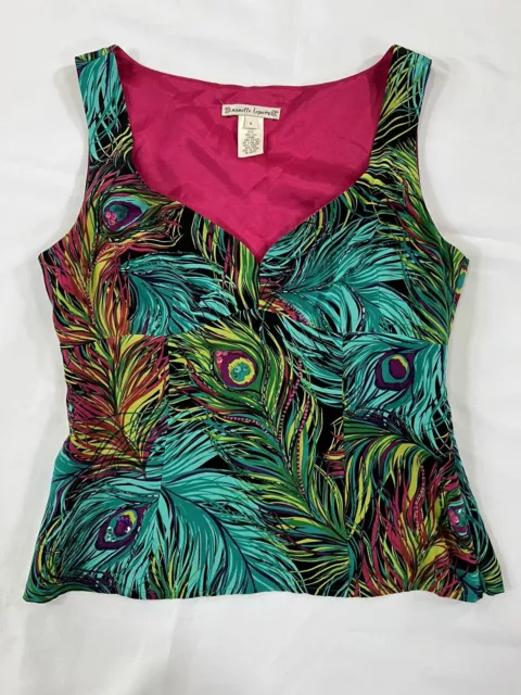 Nanette Lepore Dress Silk Blouse Top 6 Peacock Print Beaded Sleeveless Vintage